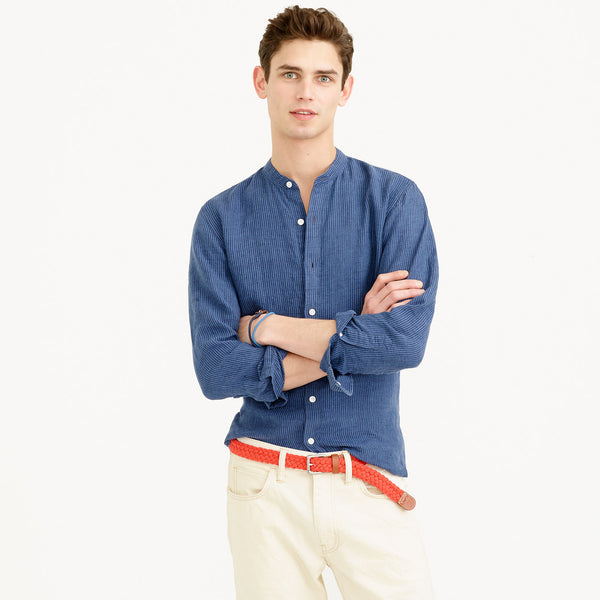 Linen Band-Collar Shirt in Coastline Navy Stripe